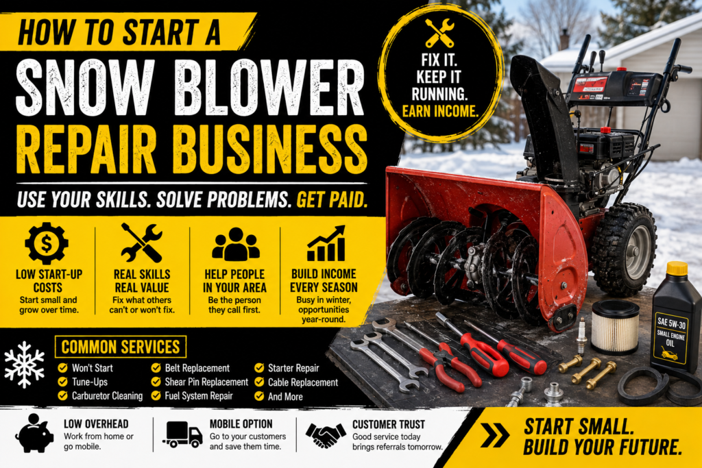 Snow blower repair business setup with a red snow blower, hand tools, replacement parts, oil, and filters in a snowy outdoor setting.