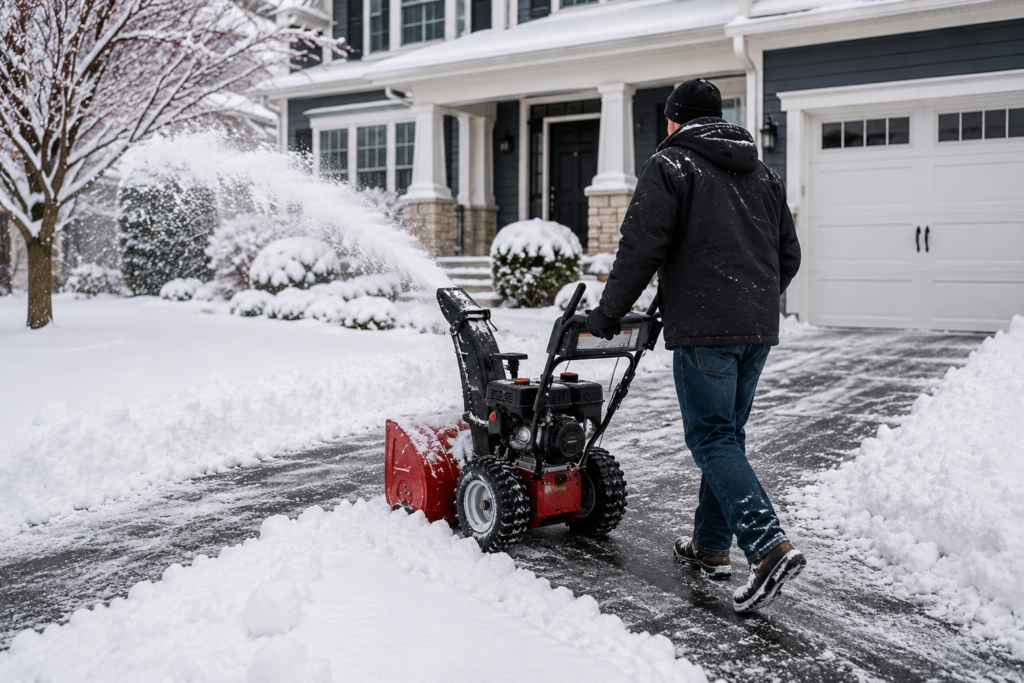 Snow removal business clearing a residential driveway with professional snow removal equipment.