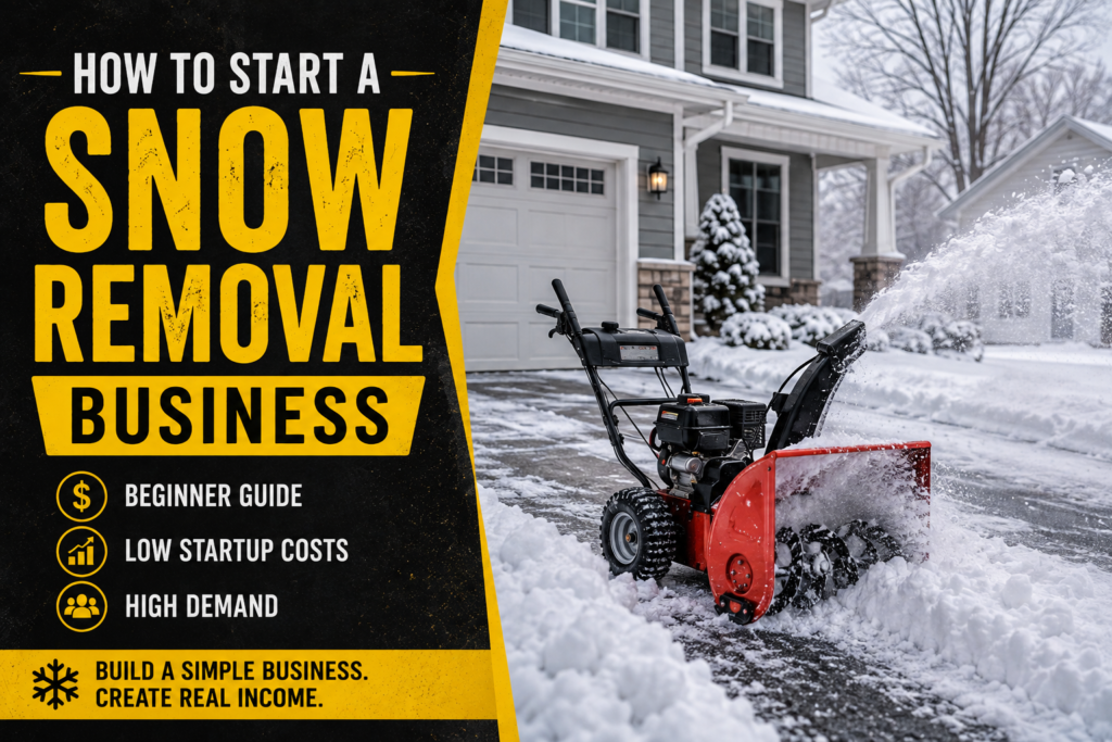 Snow-covered residential driveway being cleared with a snow blower beside a suburban home during a winter snowfall.