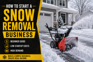 Snow-covered residential driveway being cleared with a snow blower beside a suburban home during a winter snowfall.