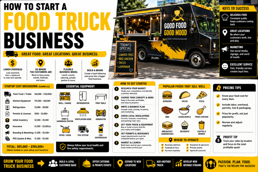 Food truck business infographic in black, yellow, and white showing a mobile food truck, startup costs, essential equipment, popular food options, pricing tips, operating locations, startup steps, and business growth strategies.