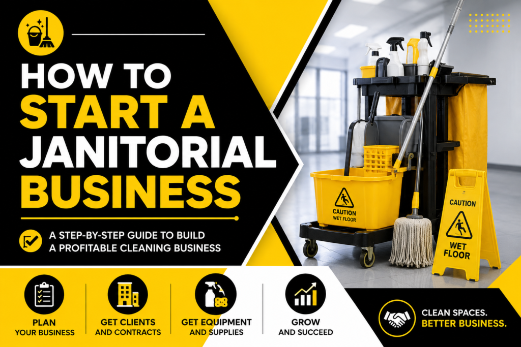 How to Start a Janitorial Business guide featuring a professional cleaning cart, janitorial supplies, wet floor signs, and business startup steps.
