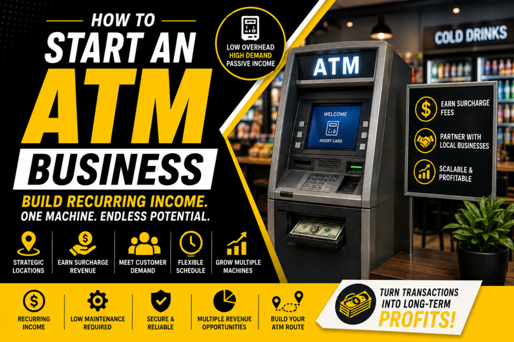 ATM business guide featuring a modern ATM machine inside a retail store with black, yellow, and white branding, highlighting recurring income, surcharge fees, strategic locations, and scalable business growth.