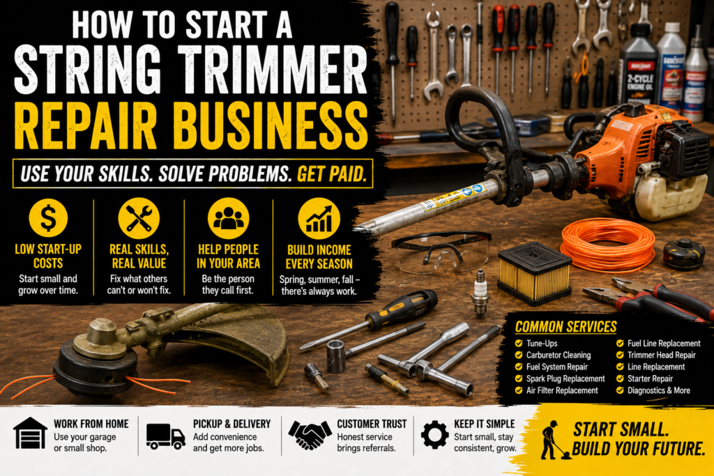 Orange string trimmer on a repair workbench with hand tools, replacement trimmer line, air filter, spark plug, fuel, and other repair parts.