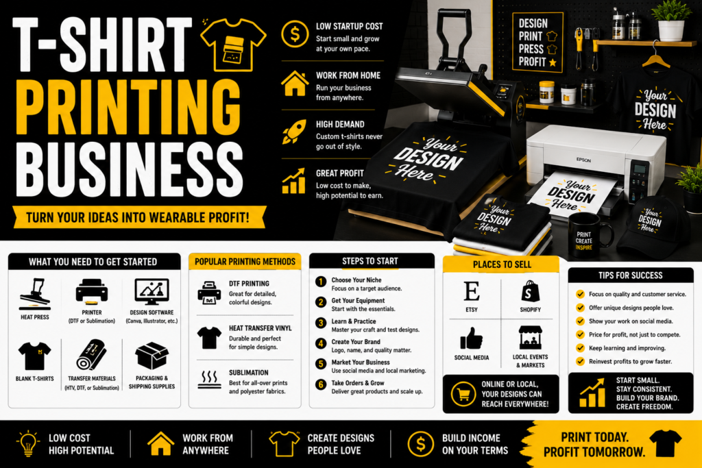 T-shirt printing business infographic in black, yellow, and white showing a heat press, printer, blank and printed T-shirts, printing methods, startup equipment, places to sell, and tips for starting and growing a small T-shirt printing business.