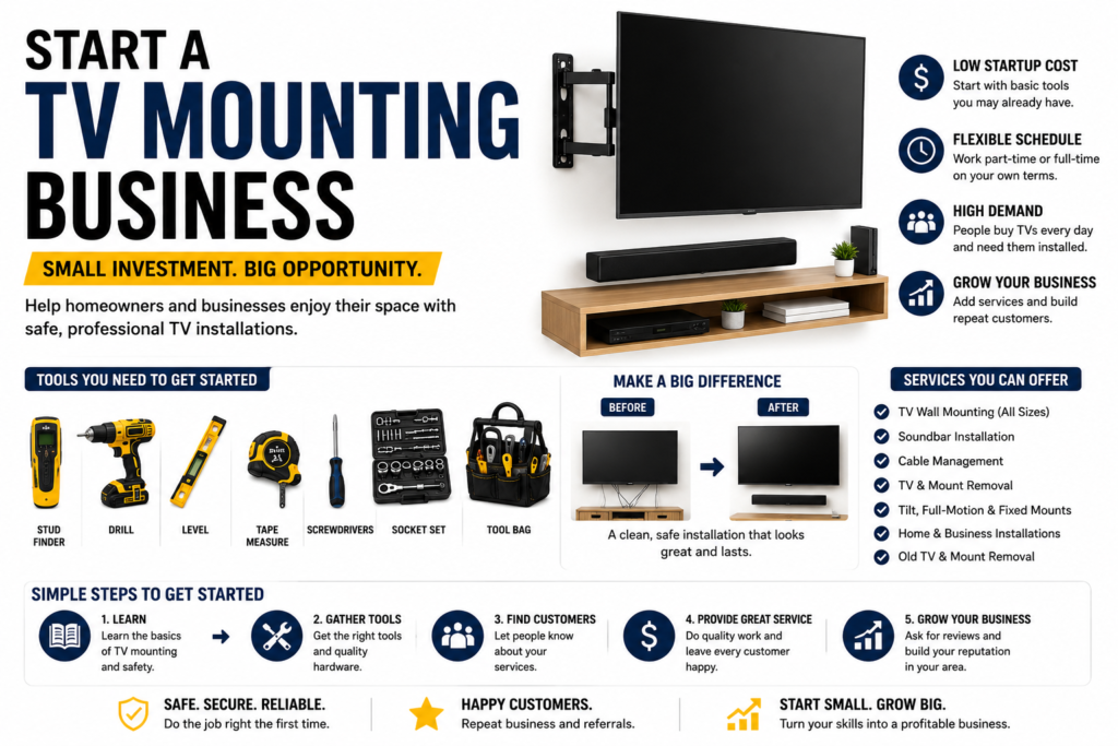 Black, yellow, white, and navy TV mounting business infographic showing a wall-mounted television, soundbar, mounting tools, before-and-after installation, services offered, and steps to start a TV mounting business