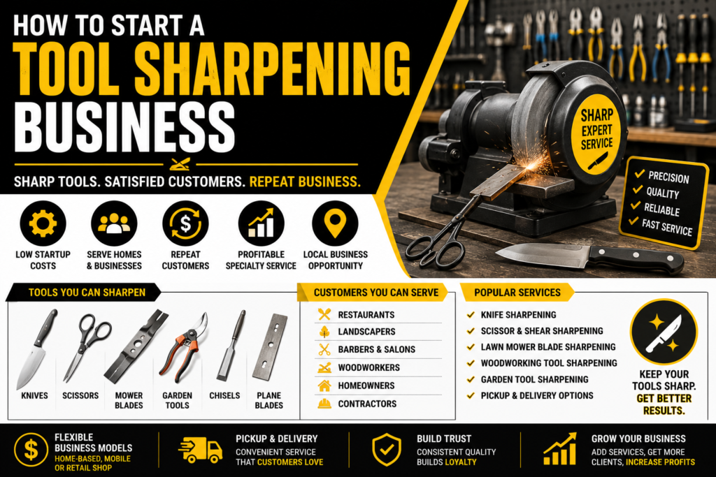 Tool sharpening business infographic showing a sharpening machine, knives, scissors, mower blades, garden tools, chisels, and plane blades, along with customer types, popular sharpening services, startup benefits, pickup and delivery, and business growth opportunities.