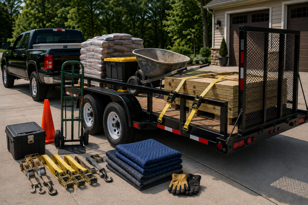 Utility trailer hauling business featuring a pickup truck towing a loaded utility trailer with lumber, landscaping materials, storage bins, moving blankets, ratchet straps, hand truck, toolbox, and hauling equipment on a residential driveway, with no people visible.