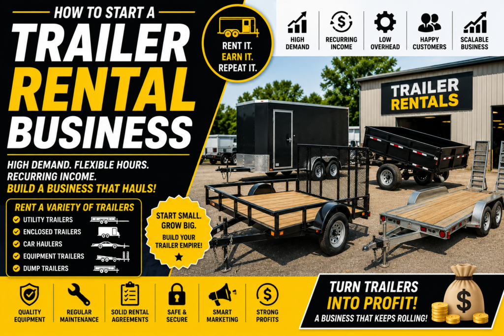 Commercial trailer rental business featuring utility trailers, enclosed trailers, car haulers, equipment trailers, and dump trailers in a black, yellow, and white business guide design highlighting recurring rental income, fleet growth, and scalable business success.