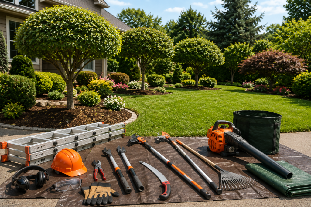 Professional small tree trimming tools including hand pruners, loppers, pole saw, ladder, leaf blower, and safety equipment arranged outdoors.