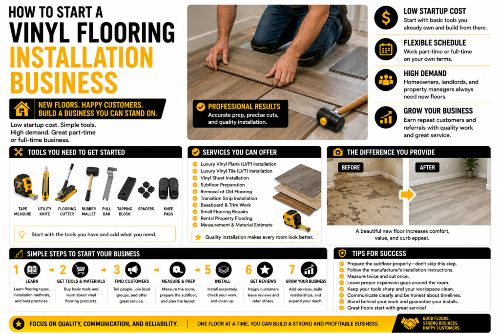 Black, yellow, and white infographic showing how to start a vinyl flooring installation business, with flooring installation tools, vinyl plank flooring, services offered, before-and-after flooring results, startup steps, and tips for building a local flooring business.