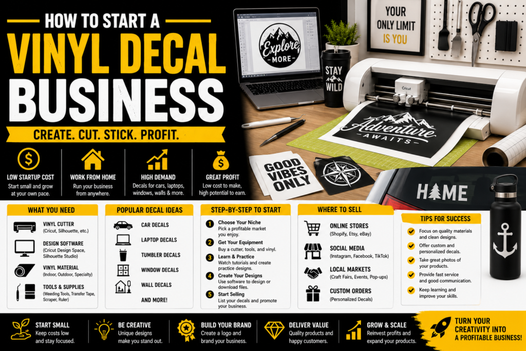 Vinyl decal business infographic in black, yellow, and white showing a vinyl cutter, design software, vinyl materials, decal tools, popular decal products, startup steps, selling options, and tips for building a small vinyl decal business.