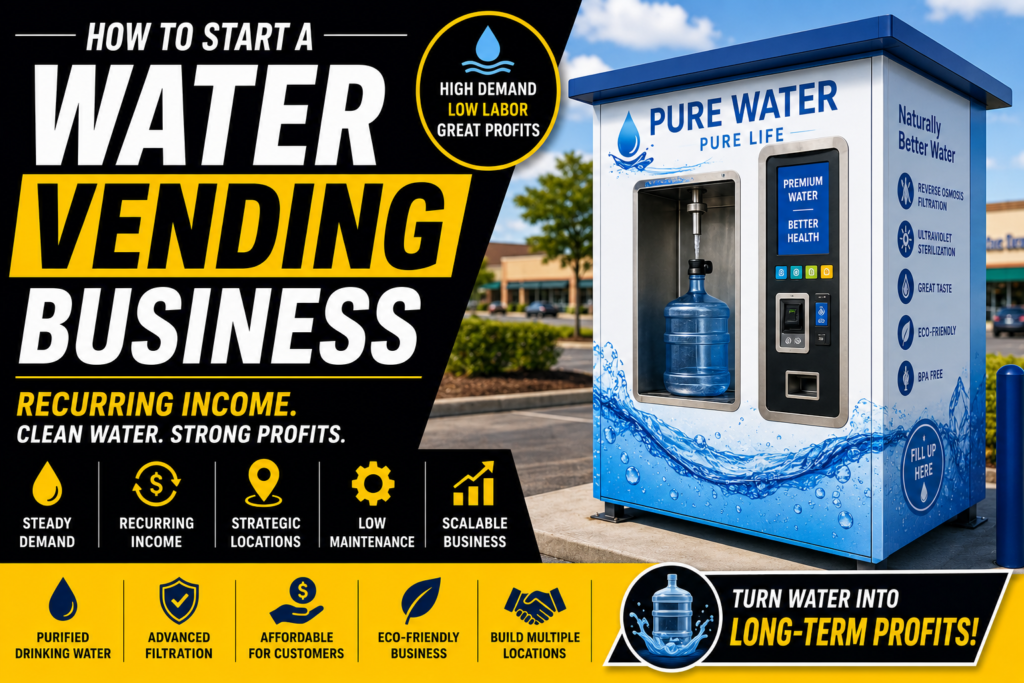 Modern water vending machine dispensing purified drinking water with a black, yellow, white, and blue business guide design highlighting recurring income, advanced filtration, strategic locations, and scalable business growth.