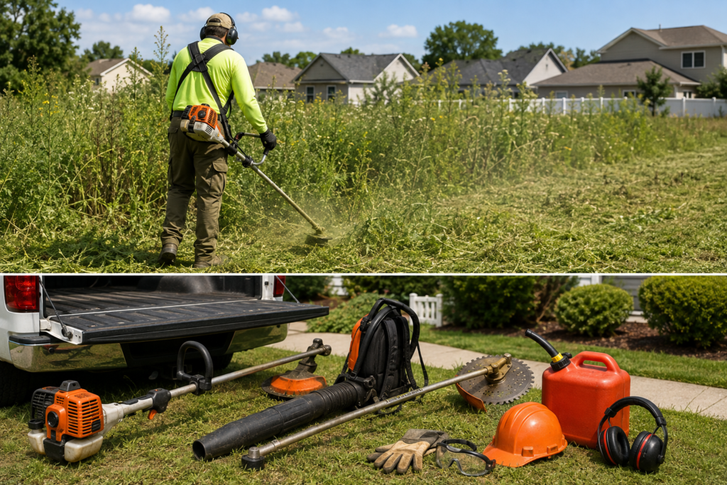 Commercial weed abatement equipment including a string trimmer, backpack blower, brush cutter, and safety gear ready for a property cleanup.
