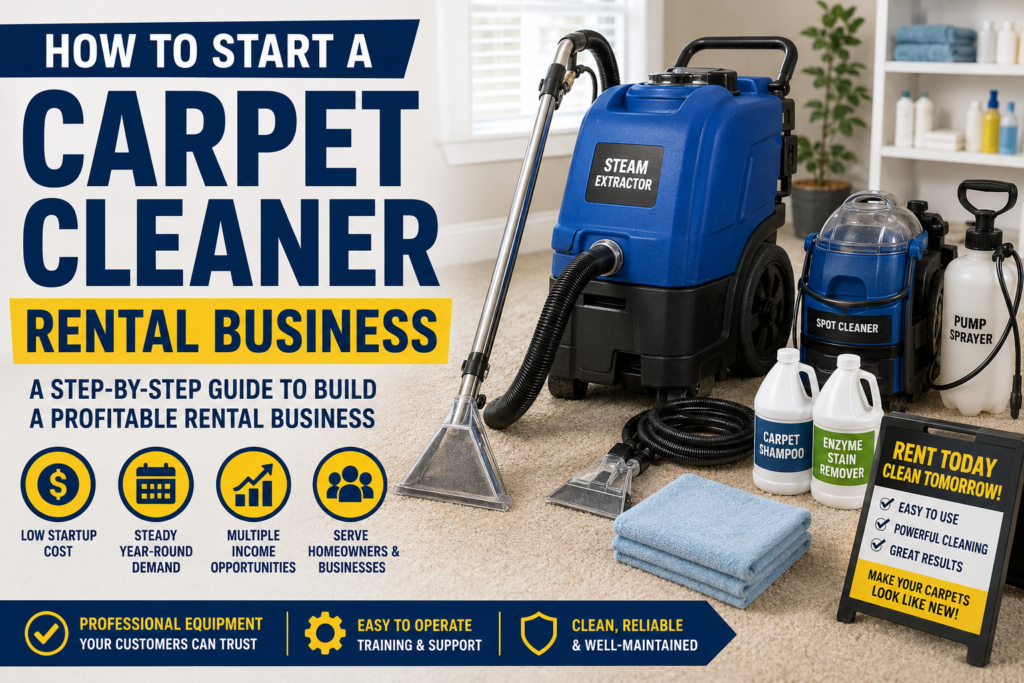 Professional carpet cleaning extractor, spot cleaner, spray pump, carpet shampoo, stain remover, hoses, and cleaning accessories displayed in a clean home beside bold blue and yellow text reading "How to Start a Carpet Cleaner Rental Business." The image promotes a step-by-step guide covering startup costs, equipment, pricing, maintenance, marketing, and building a profitable carpet cleaning equipment rental business.