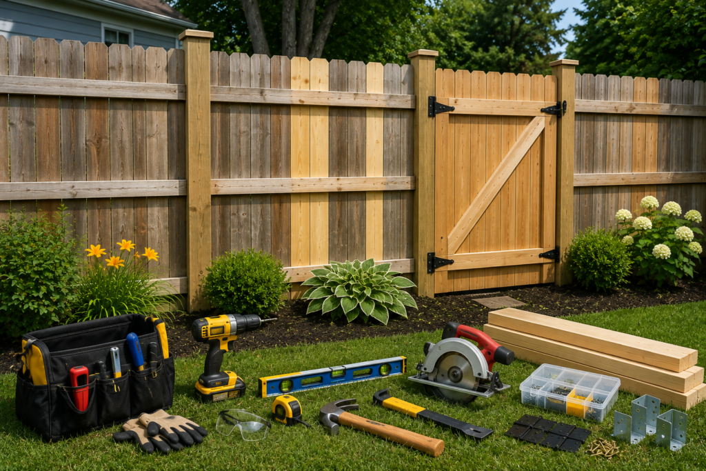 Fence repair tools including cordless drill, hammer, saw, level, tape measure, hardware, and safety equipment arranged for a repair project.