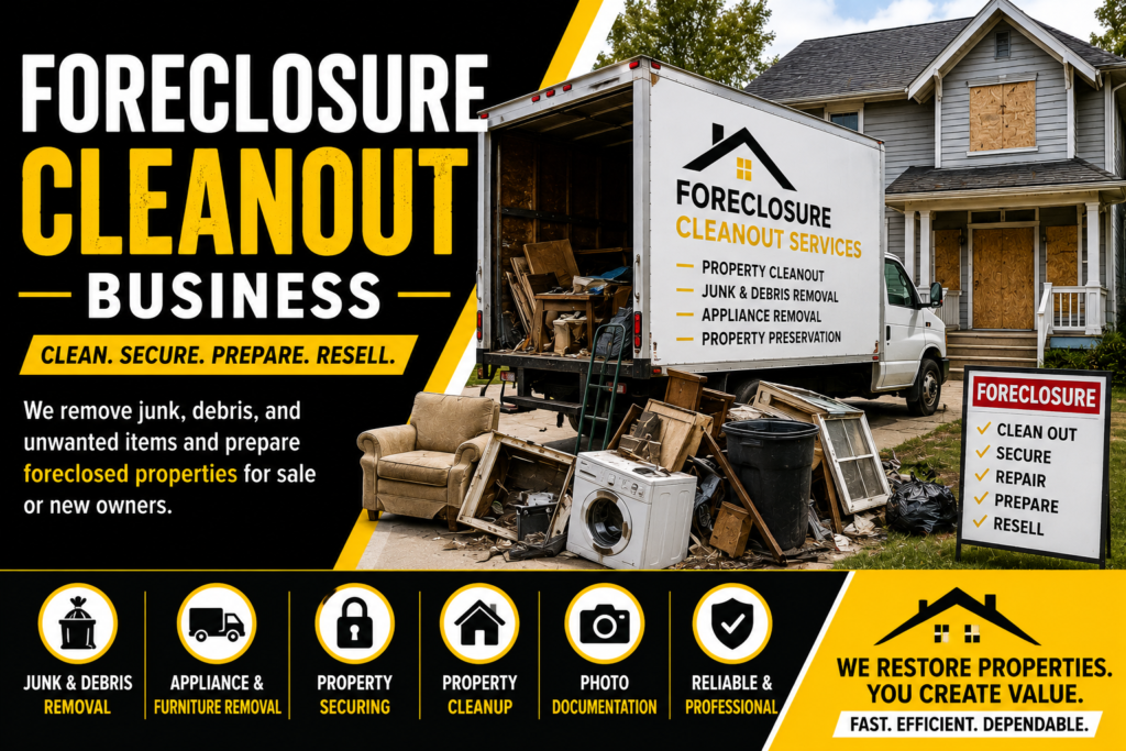 Black, yellow, and white featured image for a foreclosure cleanout business showing a cleanup truck parked outside a boarded-up home with furniture, appliances, debris, and cleanup equipment, highlighting property cleanup and foreclosure preservation services.