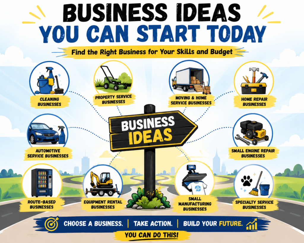 Cartoon illustration of business ideas featuring icons for cleaning, lawn care, moving, home repair, automotive services, equipment rental, manufacturing, and other small businesses surrounding a central Business Ideas signpost. No people are shown.