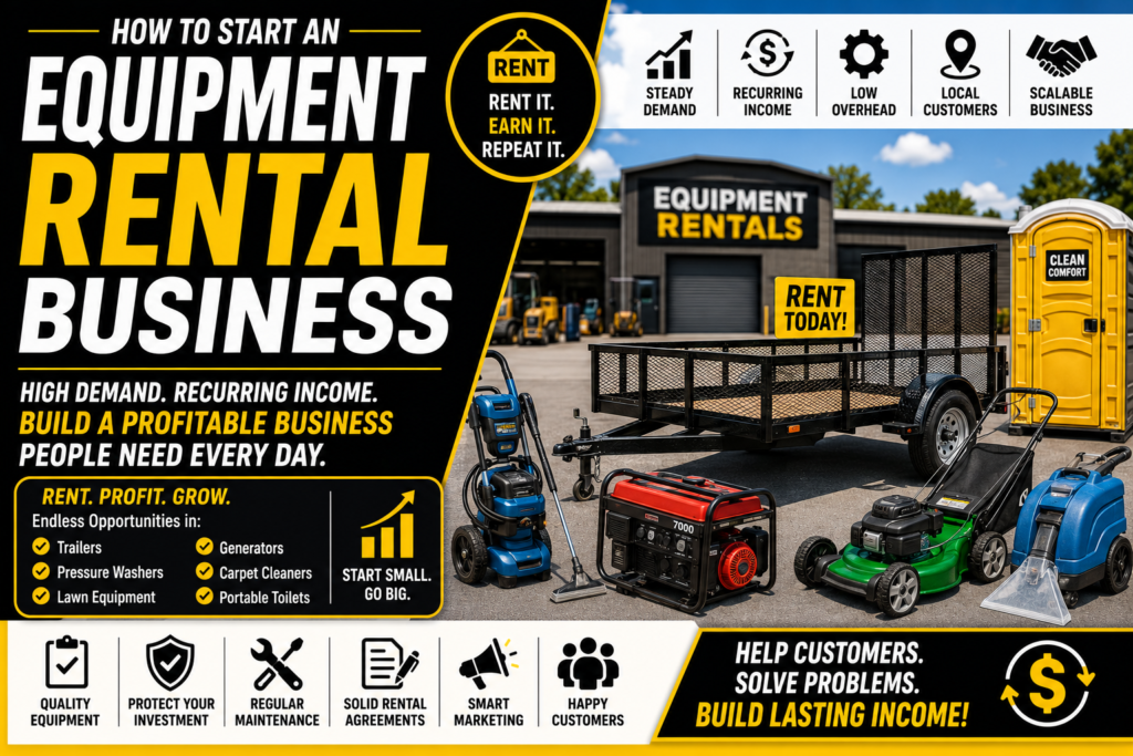 Commercial equipment rental business featuring utility trailers, pressure washers, generators, lawn equipment, carpet cleaners, and portable toilets in a black, yellow, and white business guide design highlighting recurring rental income and scalable business growth.