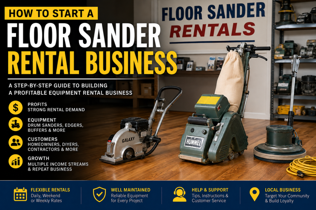 Commercial drum floor sander, floor edger, and floor buffer displayed on a hardwood floor in a rental showroom with the title "How to Start a Floor Sander Rental Business." The featured image highlights equipment rentals, startup opportunities, target customers, and business growth for entrepreneurs starting a floor refinishing equipment rental company.