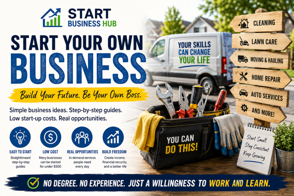 Start Business Hub homepage illustration featuring a service van, toolbox with hand tools, and signposts pointing to cleaning, lawn care, home repair, moving, automotive, and other small business ideas. The graphic promotes starting a low-cost service business with step-by-step guides and no people shown.