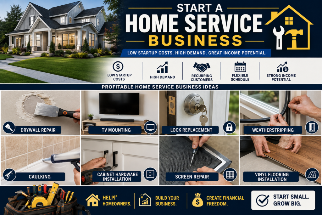 Collage featuring profitable home service business ideas including drywall repair, TV mounting, lock replacement, weatherstripping, caulking, cabinet hardware installation, screen repair, and vinyl flooring installation around a modern home with professional tools, with no people visible.