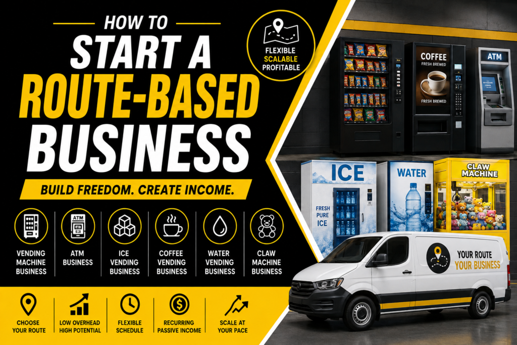 How to start a route-based business featuring vending machines, ATM, coffee vending, ice vending, water vending, claw machines, and a service van in a black, yellow, and white design