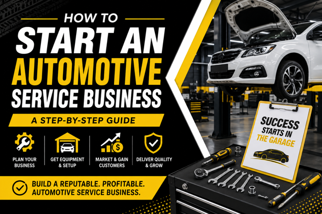Automotive service business workshop with a vehicle on a lift, professional mechanic tools, and a black, yellow, and white design illustrating how to start an automotive repair business.