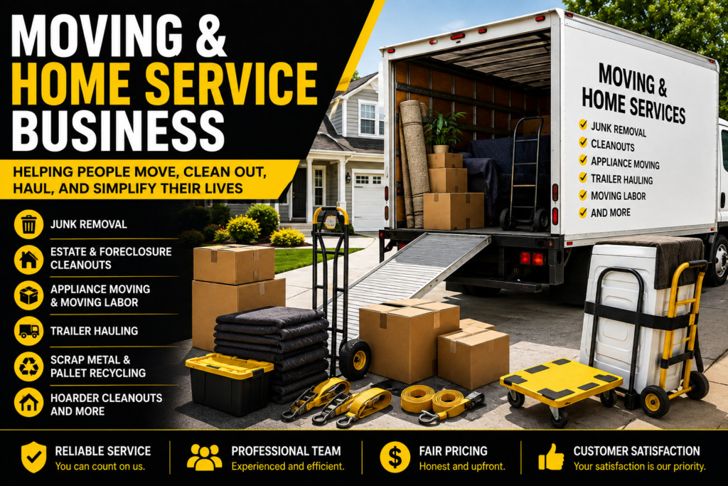 Moving and home service business banner featuring a white box truck, moving boxes, dollies, moving blankets, appliance cart, hauling equipment, and a suburban home in a black, yellow, and white design promoting junk removal, moving labor, cleanout, and hauling services.