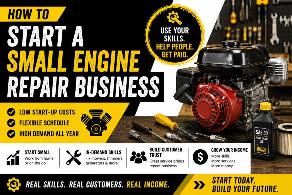 Small engine repair business setup with a gasoline engine, repair tools, oil, and filters on a workbench, with text about starting a small engine repair business.
