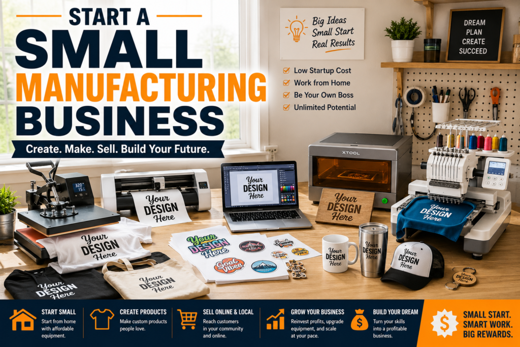 Start a Small Manufacturing Business banner showing a modern manufacturing workshop, production equipment, product assembly, packaged goods, and key steps for starting, producing, marketing, and growing a small manufacturing business.