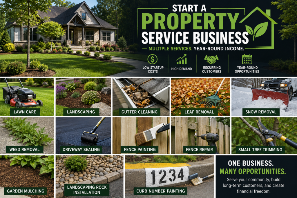 Collage featuring profitable property service business ideas including lawn care, landscaping, gutter cleaning, leaf removal, snow removal, weed removal, driveway sealing, fence painting, fence repair, small tree trimming, garden mulching, landscaping rock installation, and curb number painting around a well-maintained home, with no people visible.