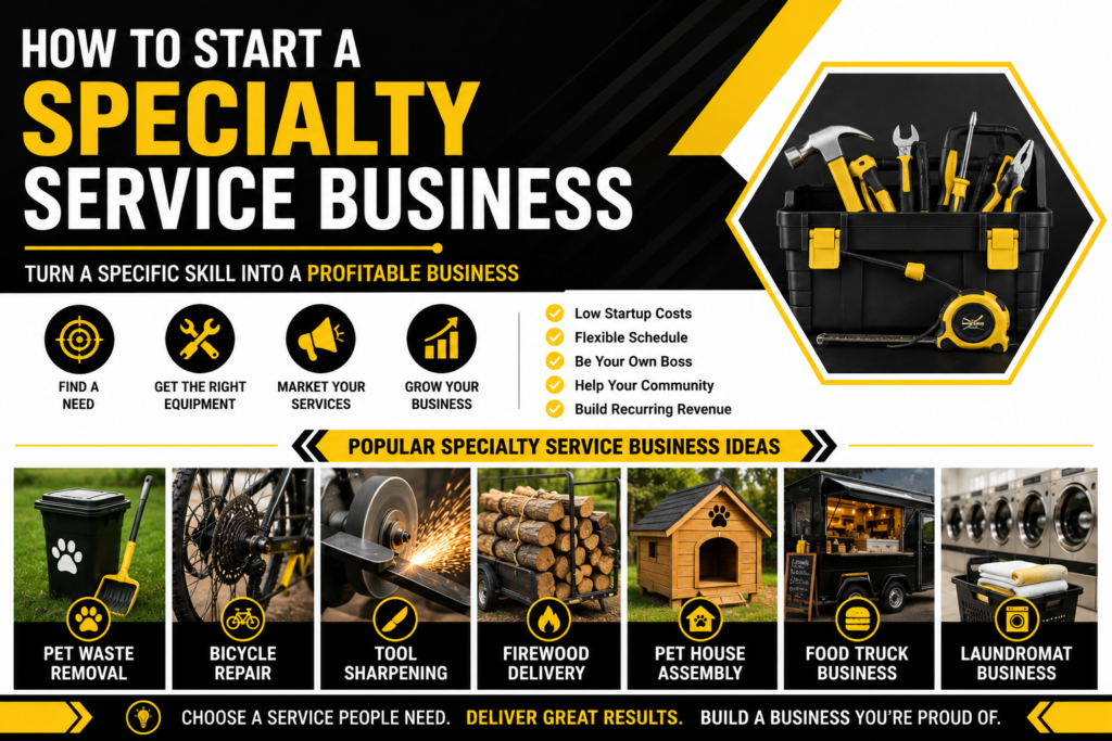 How to Start a Specialty Service Business infographic showing business startup steps, benefits, tools, and specialty business ideas including pet waste removal, bicycle repair, tool sharpening, firewood delivery, pet house assembly, food truck, and laundromat businesses.