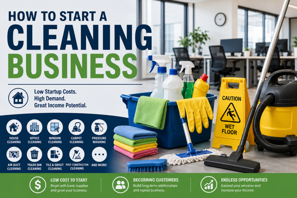 Professional cleaning equipment including vacuum, mop, bucket, microfiber cloths, spray bottles, gloves, squeegee, and commercial cleaning supplies arranged to represent multiple cleaning business opportunities.