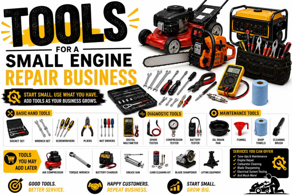 Black, yellow, and white infographic showing prominent tools for a small engine repair business, including socket sets, wrenches, screwdrivers, pliers, a multimeter, spark tester, compression tester, oil drain pan, and cleaning tools.